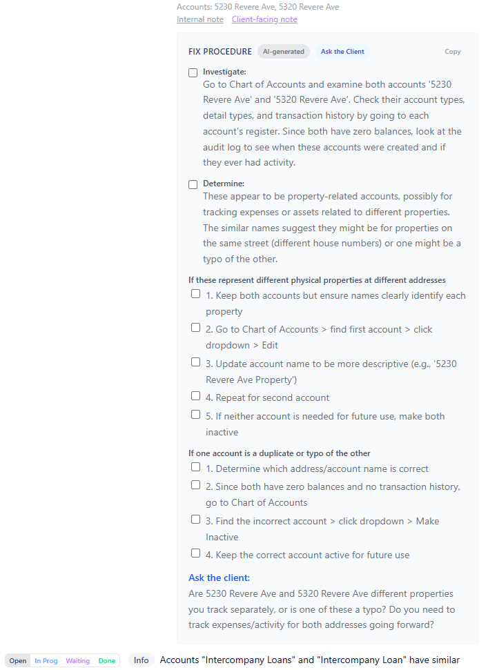 Expanded fix procedure showing investigation steps, conditional checklists, and Ask the Client section
